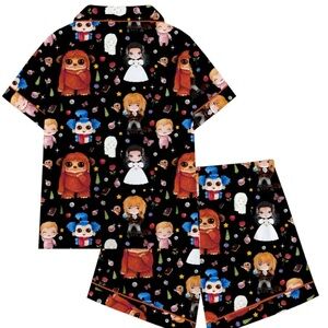 Cute Black Labrynth Pajama Set with Cartoon Characters
